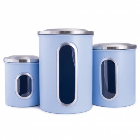 Set 3 cutii de depozitare albastru, cu capac din otel inoxidabil, Rost Frei