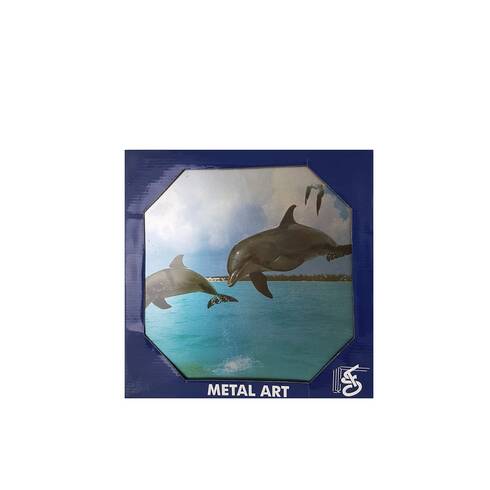 Tablou metalic albastru, delfini