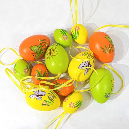 Set 12 oua decorative, verde-galben-portocaliu, cu fluturi